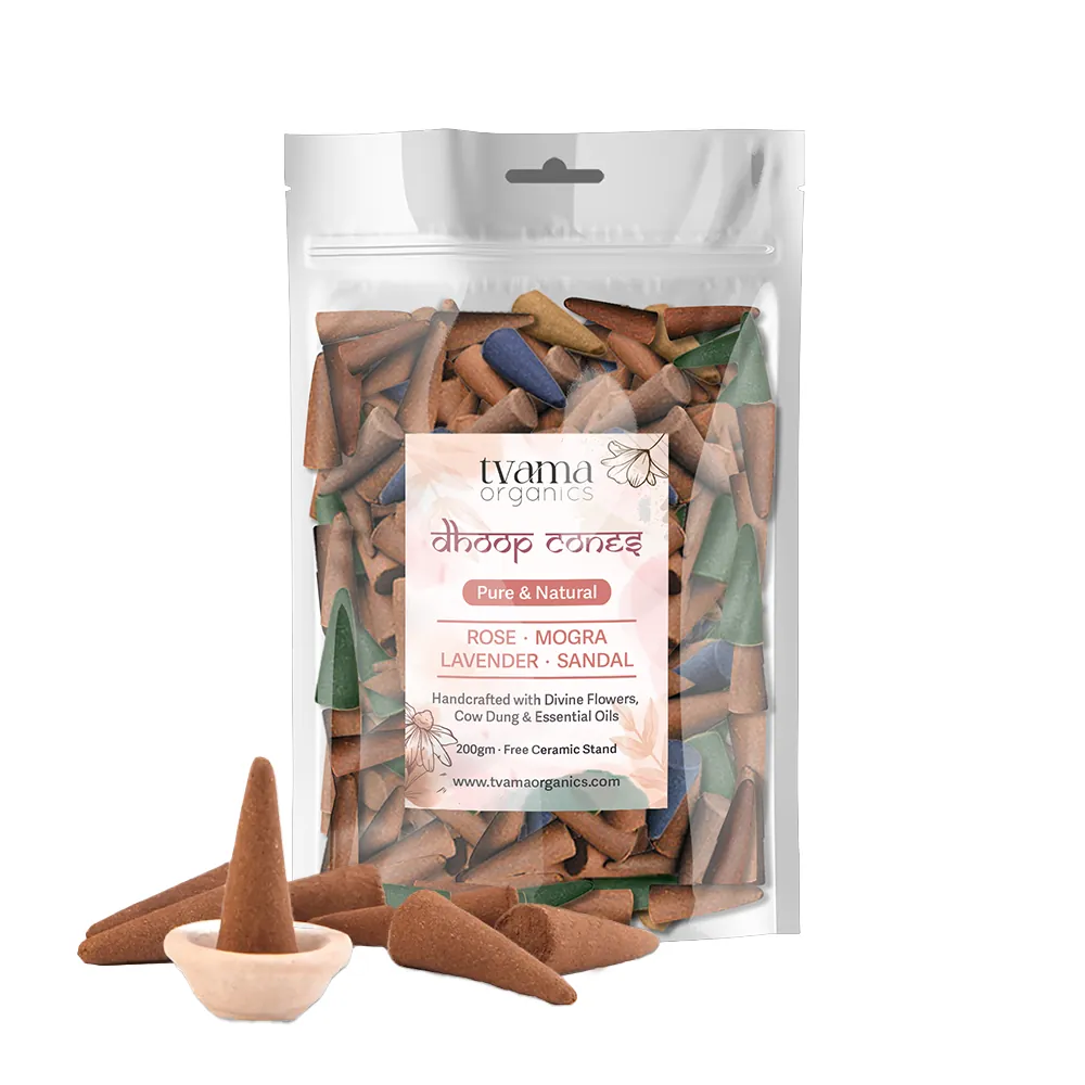 Tvama Dhoop Cones pouch with assorted cones on a ceramic stand