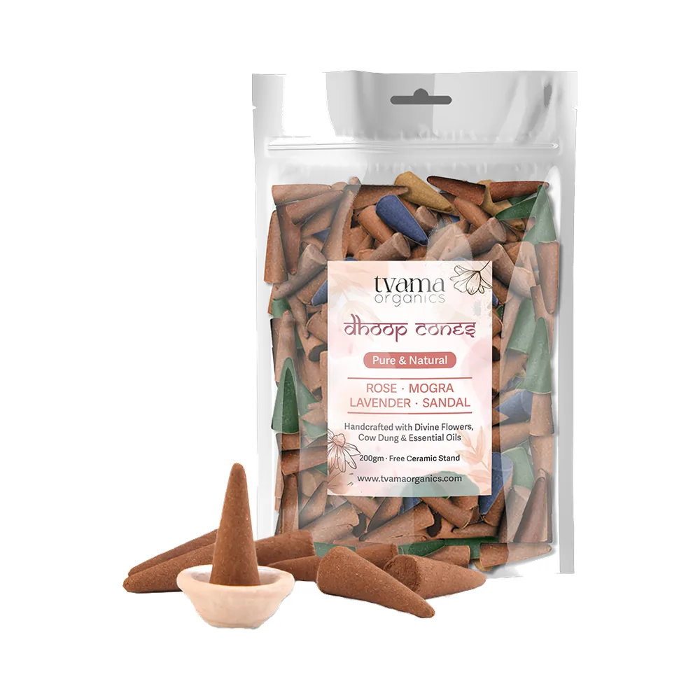 Tvama Dhoop Cones pouch with assorted cones on a ceramic stand