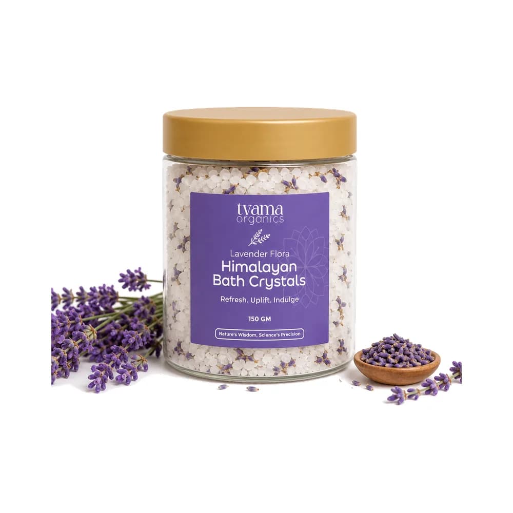 Tvama Lavender Flora Himalayan Bath Crystals jar with lavender sprigs
