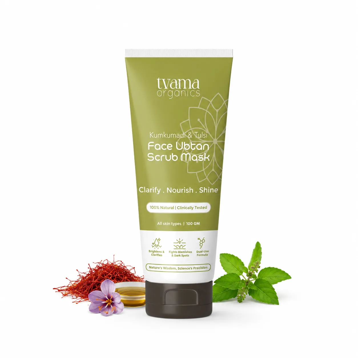 Tvama Kumkumadi & Tulsi Face Ubtan Scrub Mask tube with saffron strands and tulsi leaves