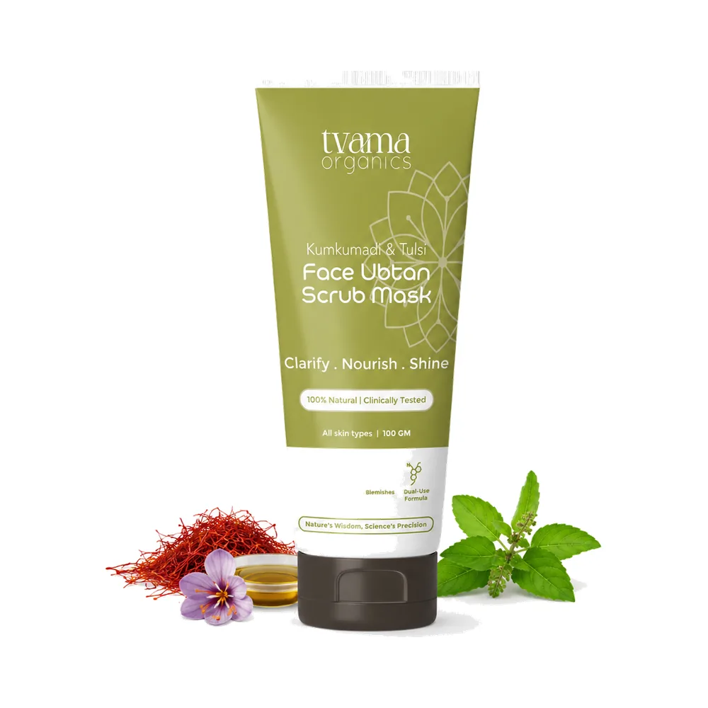 Tvama Kumkumadi & Tulsi Face Ubtan Scrub Mask tube with saffron strands and tulsi leaves