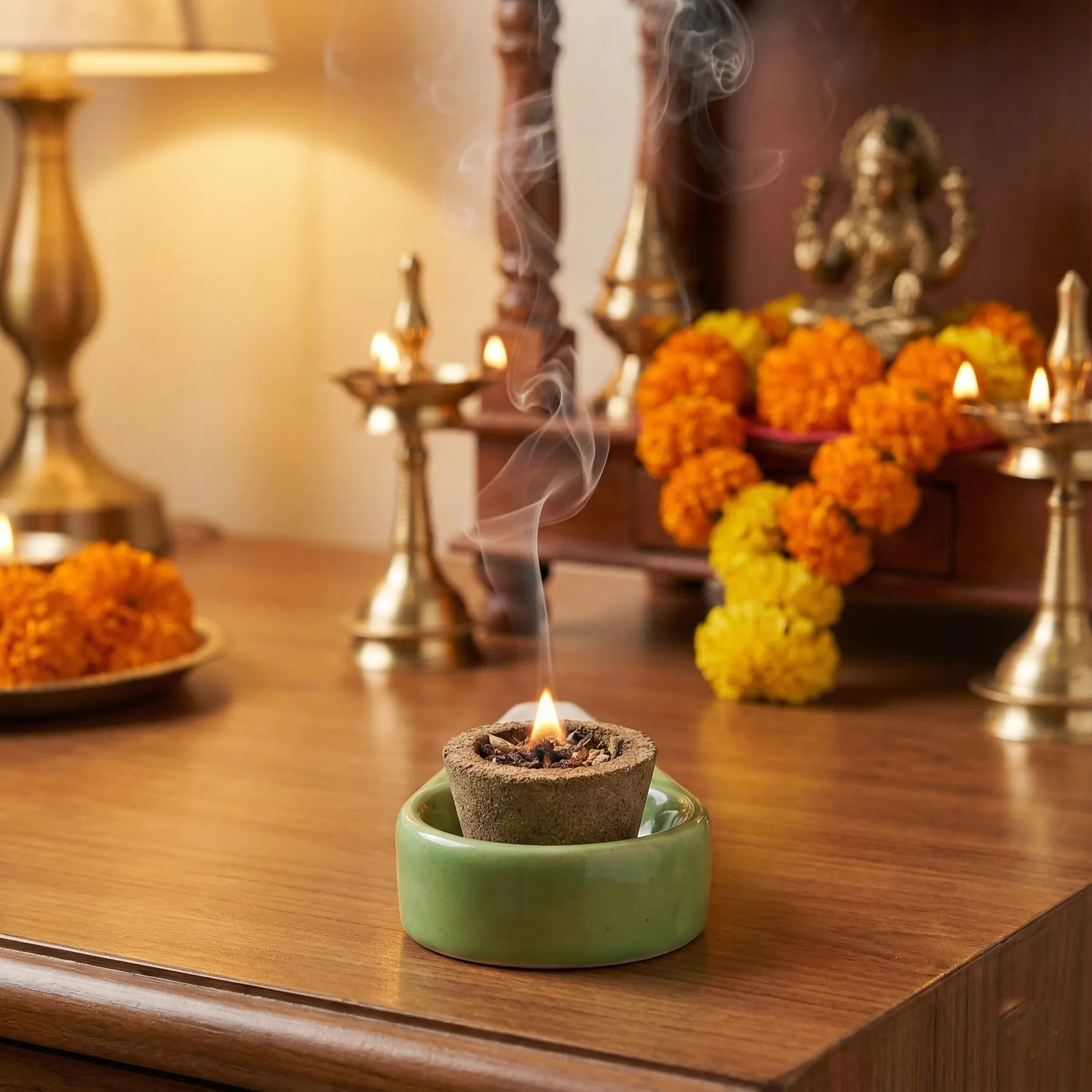 A lit hawan cup before a home altar with marigolds and brass lamps