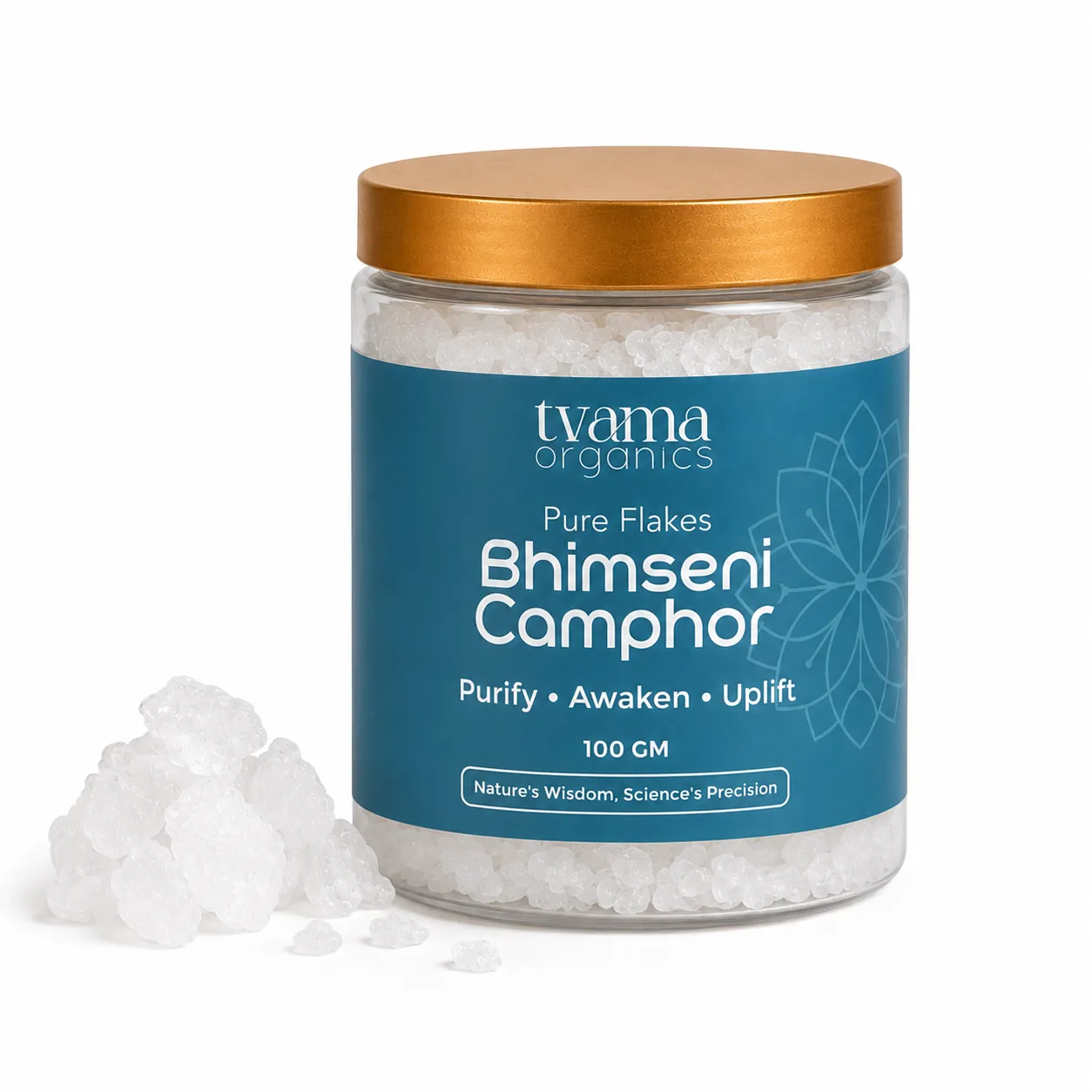 Tvama Bhimseni Camphor 100 g jar with camphor crystals
