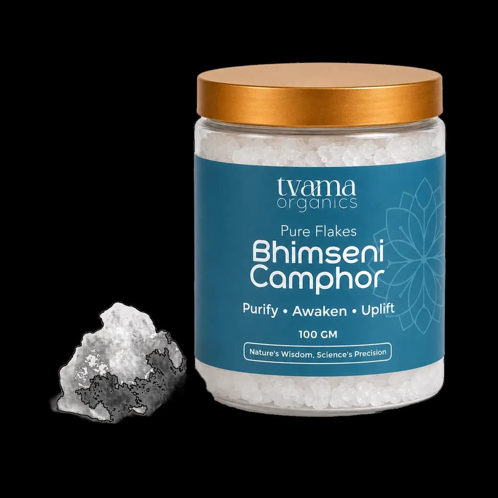 Tvama Bhimseni Camphor 100 g jar with camphor crystals