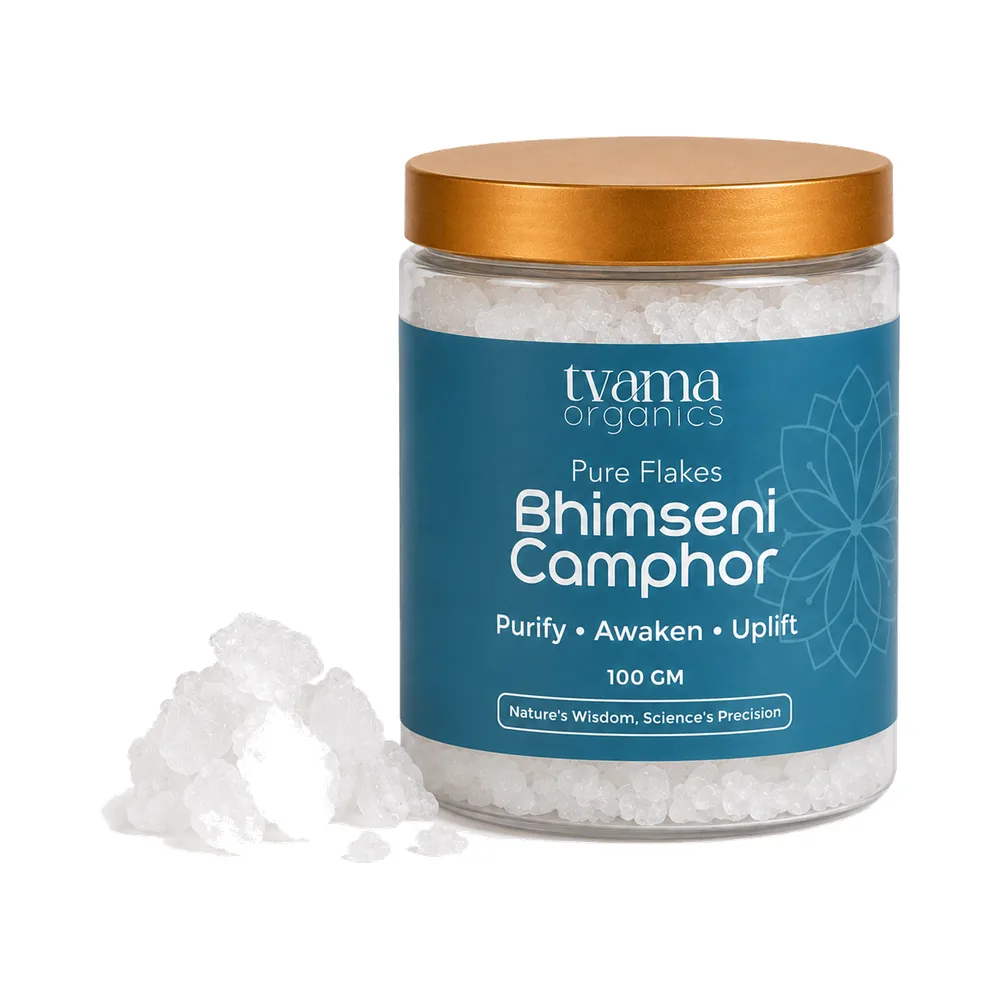 Tvama Bhimseni Camphor 100 g jar with camphor crystals
