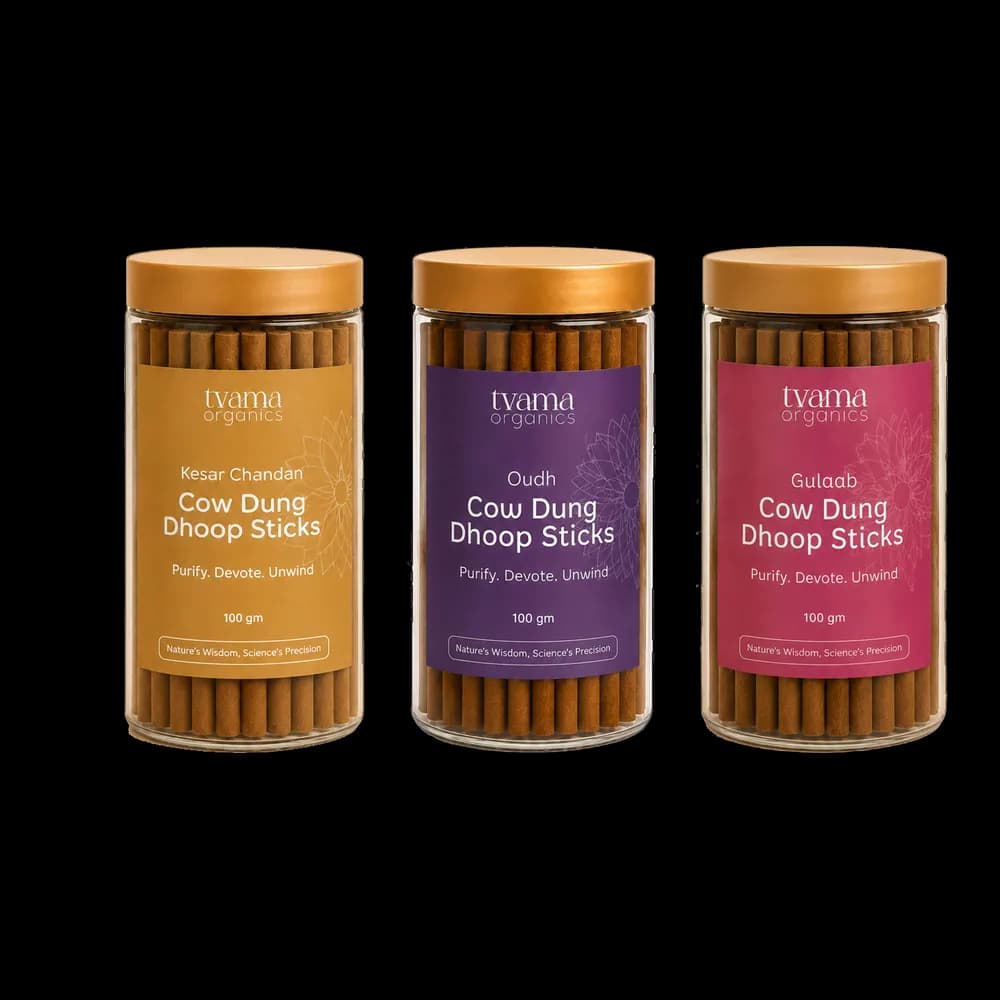 Three Tvama Cow Dung Dhoop Sticks jars: Kesar Chandan, Oudh and Gulaab