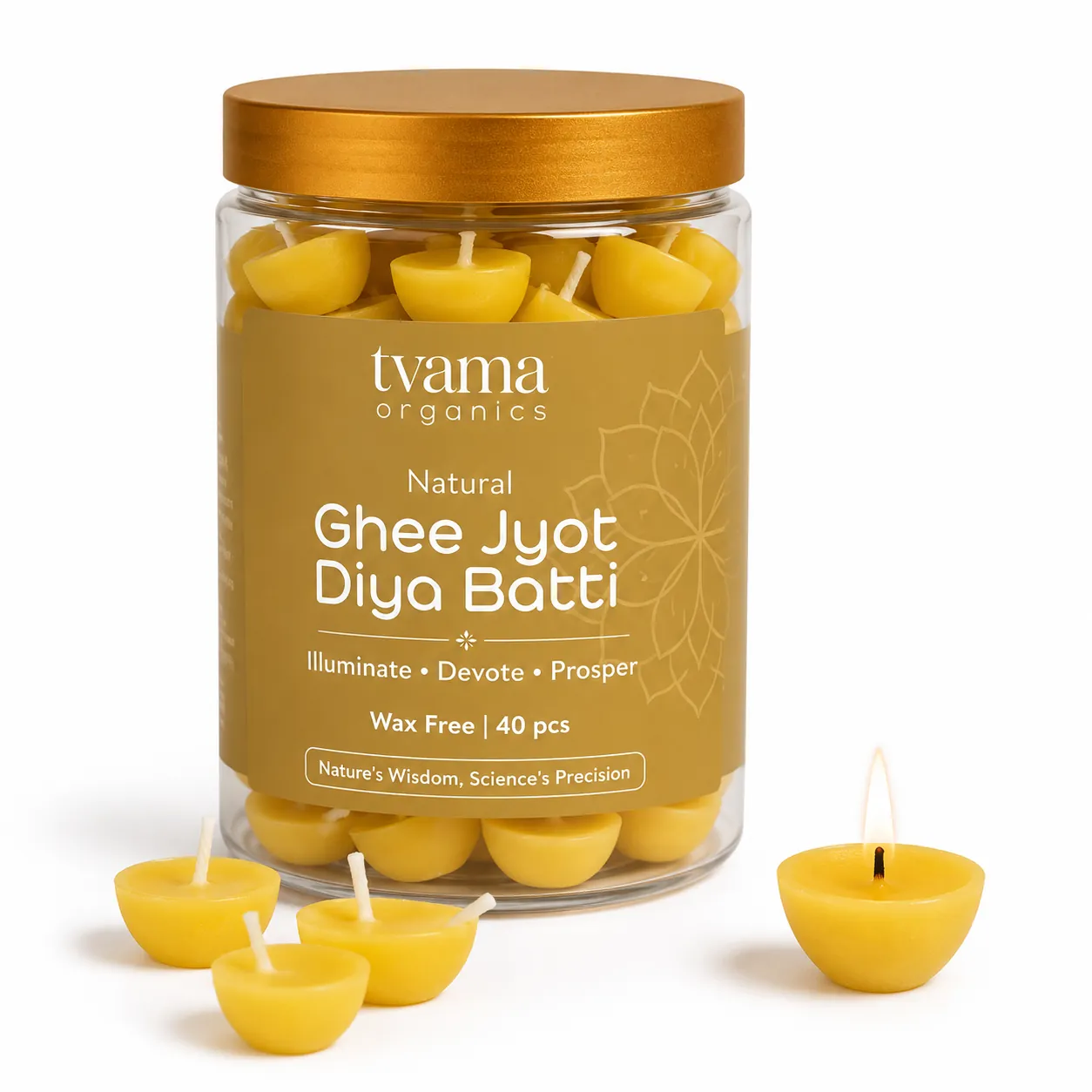 Tvama Natural Ghee Jyot Diya Batti jar with a lit diya