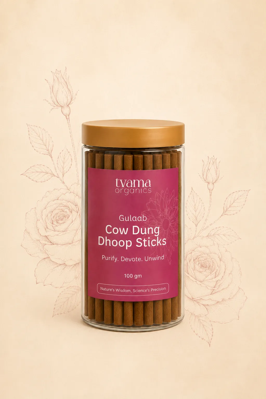 Tvama Gulaab Cow Dung Dhoop Sticks jar with line-drawn roses