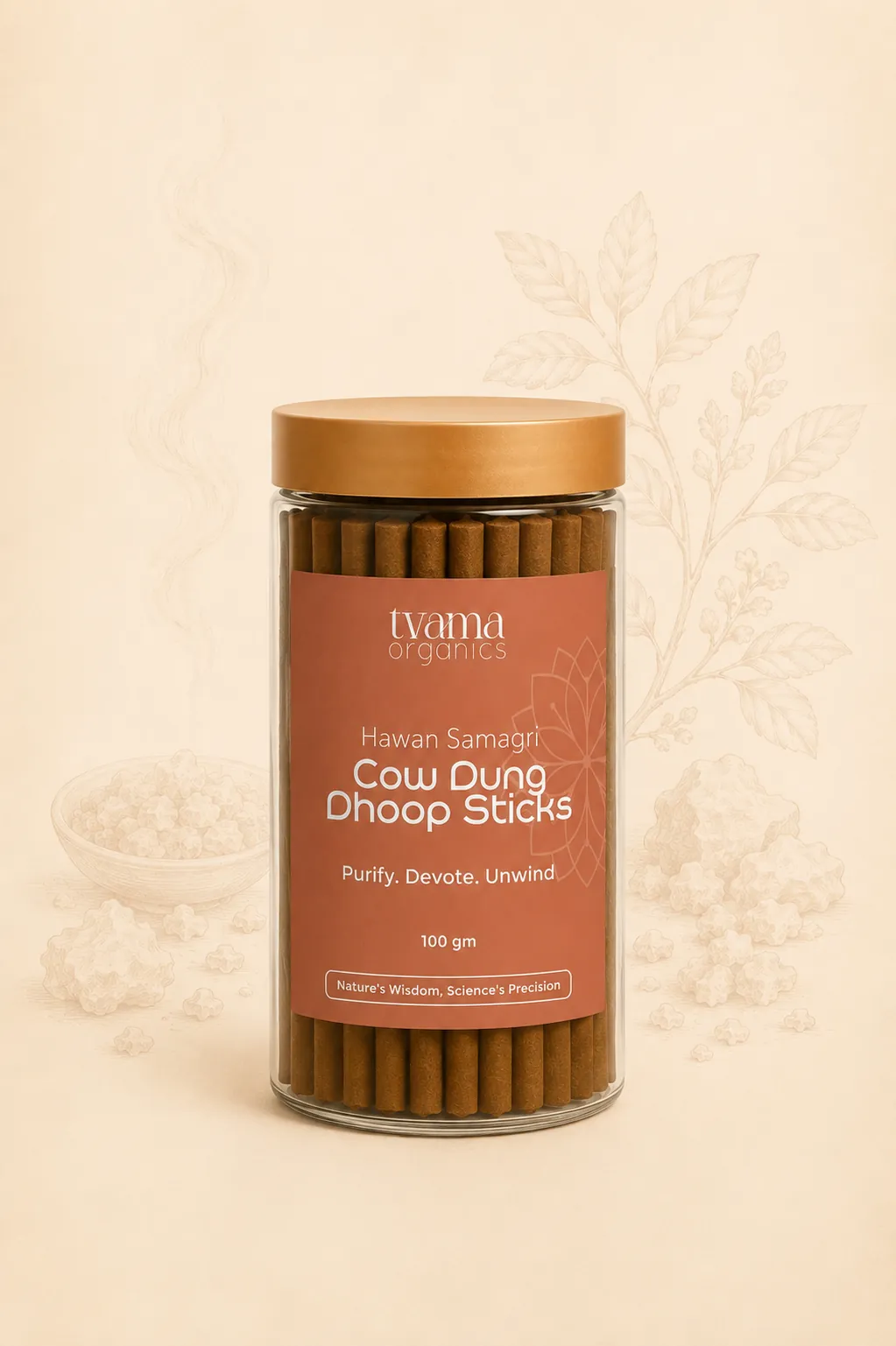 Tvama Hawan Samagri Cow Dung Dhoop Sticks jar on a cream background