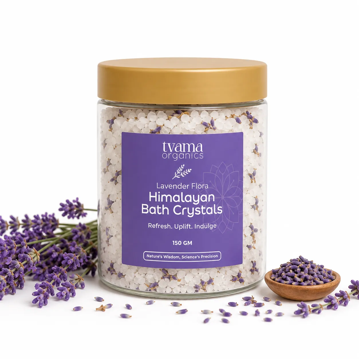 Tvama Lavender Flora Himalayan Bath Crystals jar with lavender sprigs