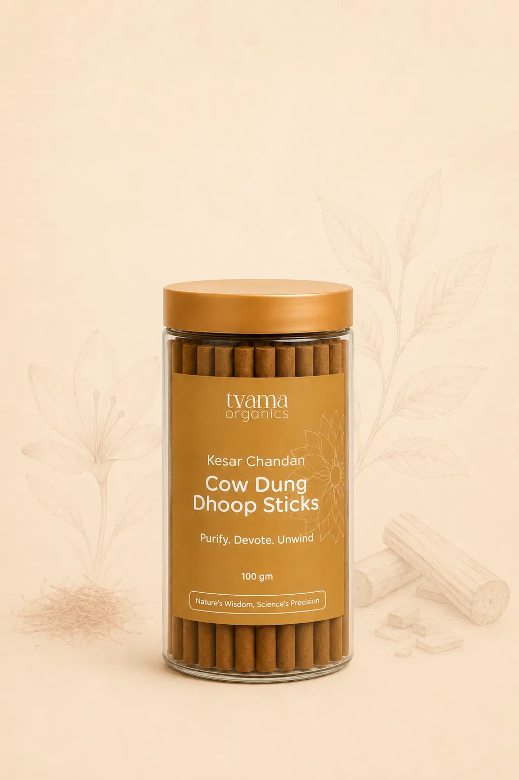 Tvama Kesar Chandan Cow Dung Dhoop Sticks jar on a cream background