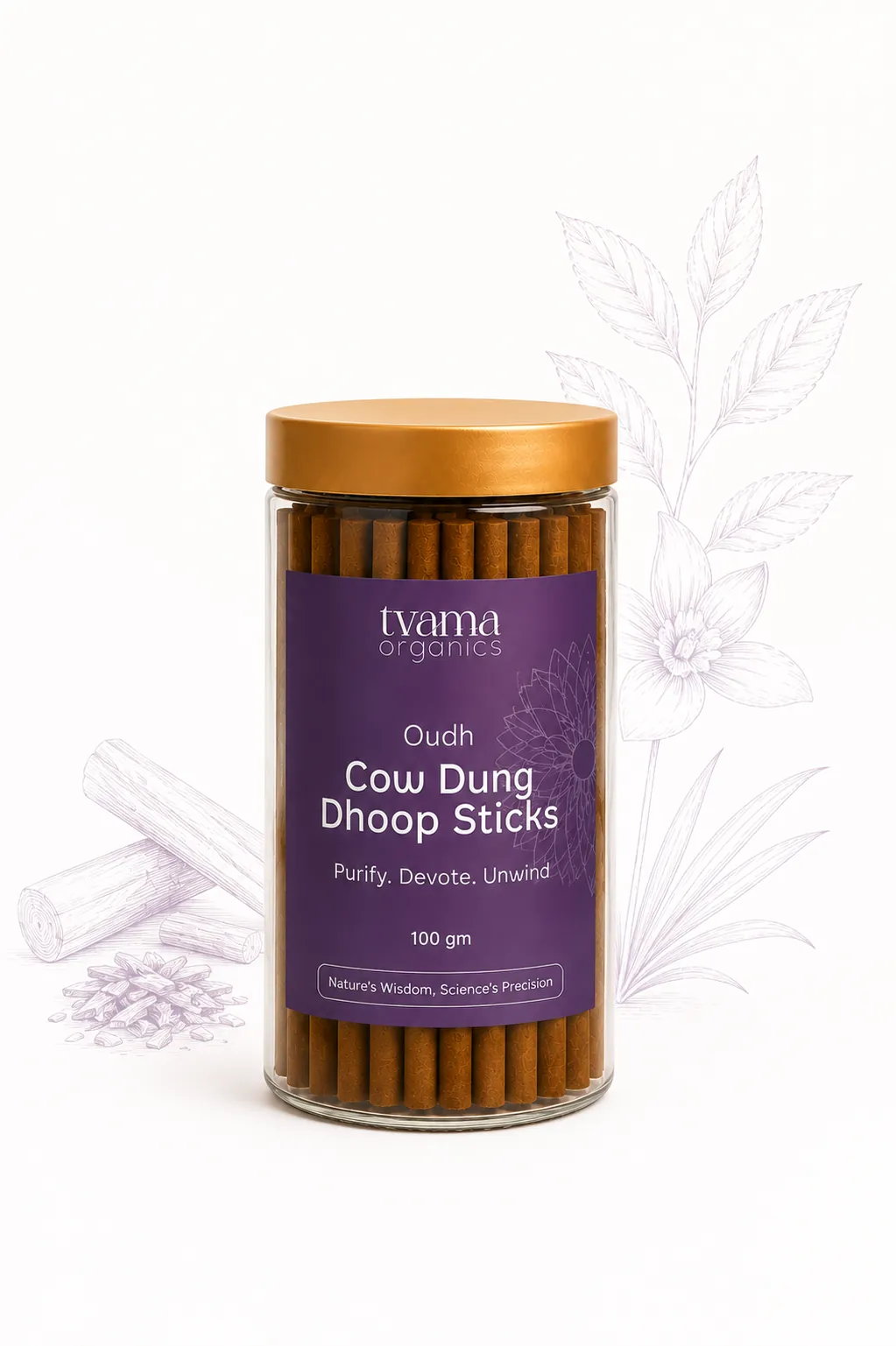 Tvama Oudh Cow Dung Dhoop Sticks jar with a botanical line drawing