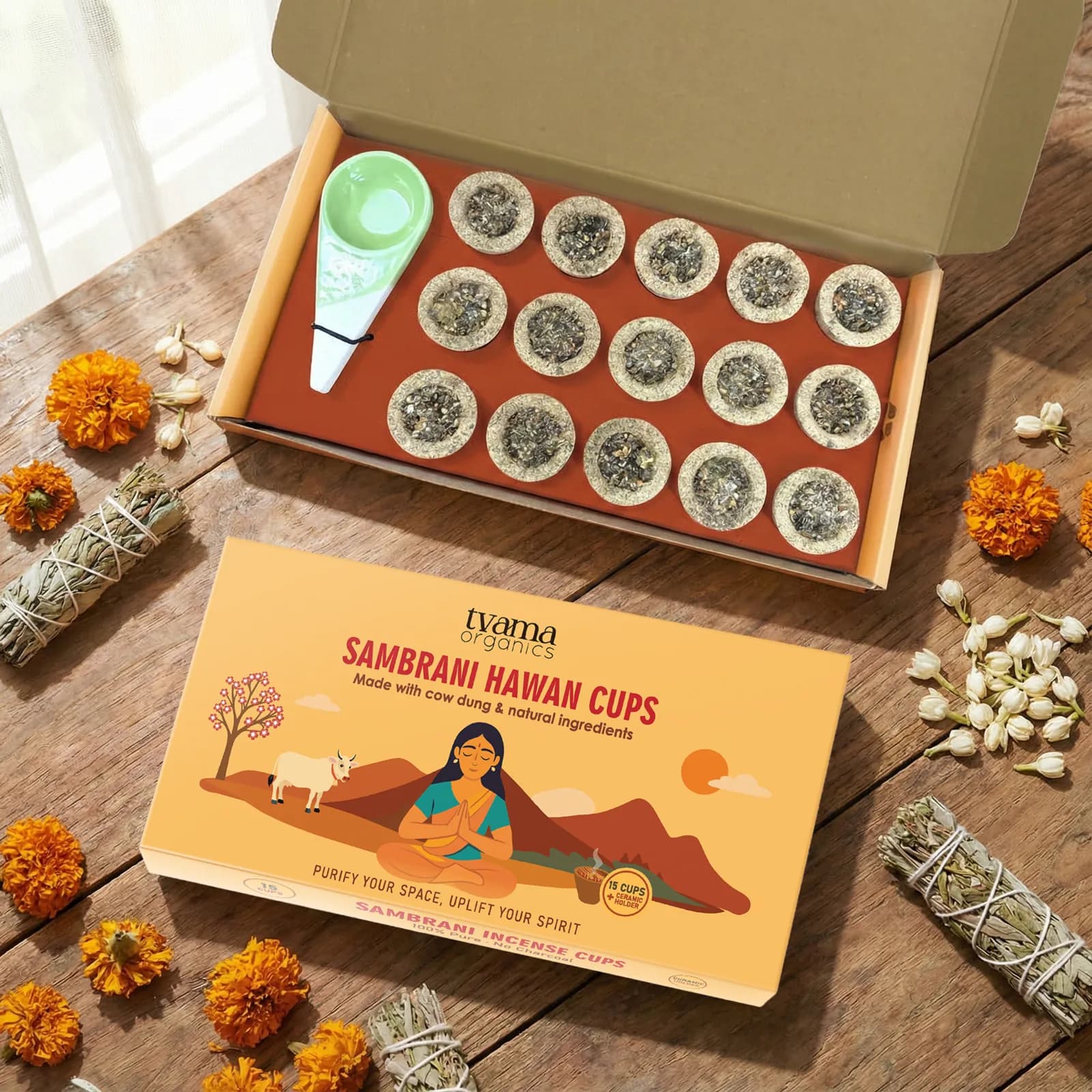 Open box of 15 Sambrani Hawan Cups with the ceramic holder