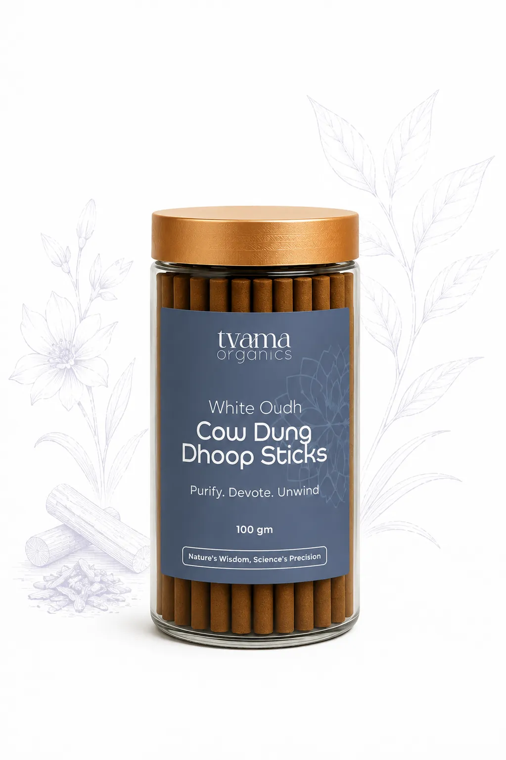 Tvama White Oudh Cow Dung Dhoop Sticks jar with a botanical line drawing