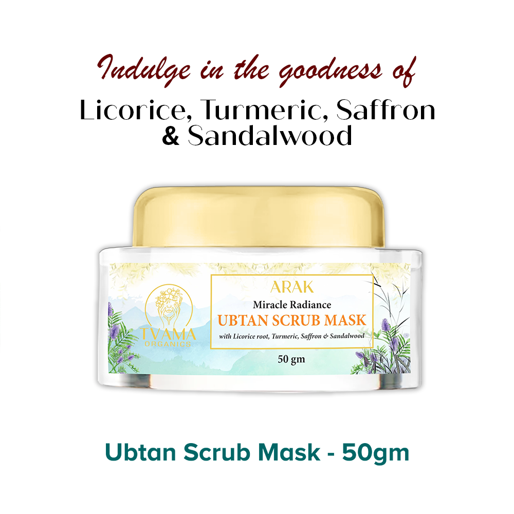 ARAK Ubtan Scrub Mask | 2 in 1 Face Scrub + Face pack | Licorice, Turmeric, Saffron & Sandalwood for Glowing Skin | Gentle Exfoliation for Brightening | 50gm